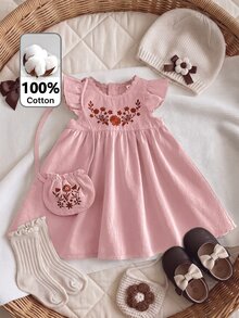 SHEIN LMoss Kids LMoss 女婴编织刺绣圆领荷叶边下摆连衣裙配斜挎包姐妹装适合春夏季 - 藕粉色 - 查看 1