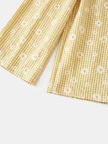 SHEIN LMoss Kids LMoss 女童纯色圆领宽松休闲上衣长裤套装，夏季 - 黃色 - 查看 5