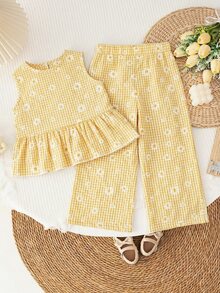 SHEIN LMoss Kids LMoss 女童纯色圆领宽松休闲上衣长裤套装，夏季 - 黃色 - 查看 3