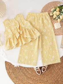 SHEIN LMoss Kids LMoss 女童纯色圆领宽松休闲上衣长裤套装，夏季 - 黃色 - 查看 2