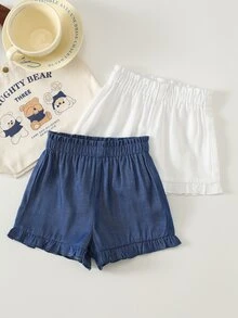 SHEIN 2pcs Baby Girl Cute Vacation Casual Solid Color Elastic Waist Shorts Set - Royal Blue - View 4