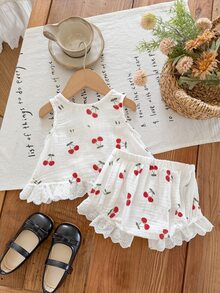 SHEIN LMoss Kids 2件套女婴水果图案编织背心和短裤套装 - 白色 - 查看 3