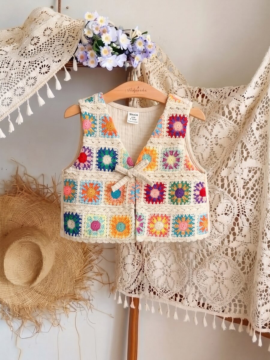 SHEIN LMoss Kids LMoss Baby Girl Lovely Versatile Vacation Knitted Cardigan, Summer - Multicolor - View 1