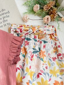 SHEIN LMoss Kids 少女两件套：针织纯色荷叶边领上衣和梭织碎花宽松裤 - 粉色 - 查看 4