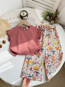 SHEIN LMoss Kids 少女两件套：针织纯色荷叶边领上衣和梭织碎花宽松裤 - 粉色 - 查看 3
