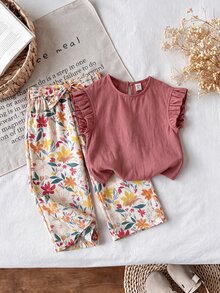 SHEIN LMoss Kids 少女两件套：针织纯色荷叶边领上衣和梭织碎花宽松裤 - 粉色 - 查看 1