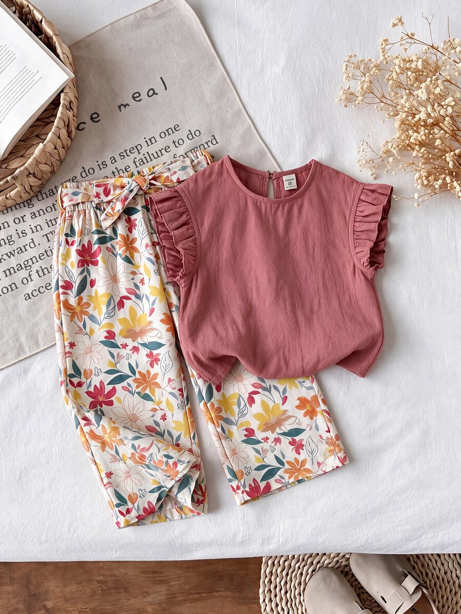 SHEIN LMoss Kids 少女两件套：针织纯色荷叶边领上衣和梭织碎花宽松裤 - 粉色 - 查看 1