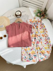 SHEIN LMoss Kids 少女两件套：针织纯色荷叶边领上衣和梭织碎花宽松裤 - 粉色 - 查看 2