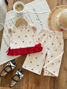 SHEIN LMoss Kids Babygirl Summer Cute Red & White Plaid Ruffle Sleeveless Top And Elastic Waist Loose Pants Set - White - View 3