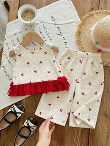 SHEIN LMoss Kids Babygirl Summer Cute Red & White Plaid Ruffle Sleeveless Top And Elastic Waist Loose Pants Set - White - View 7