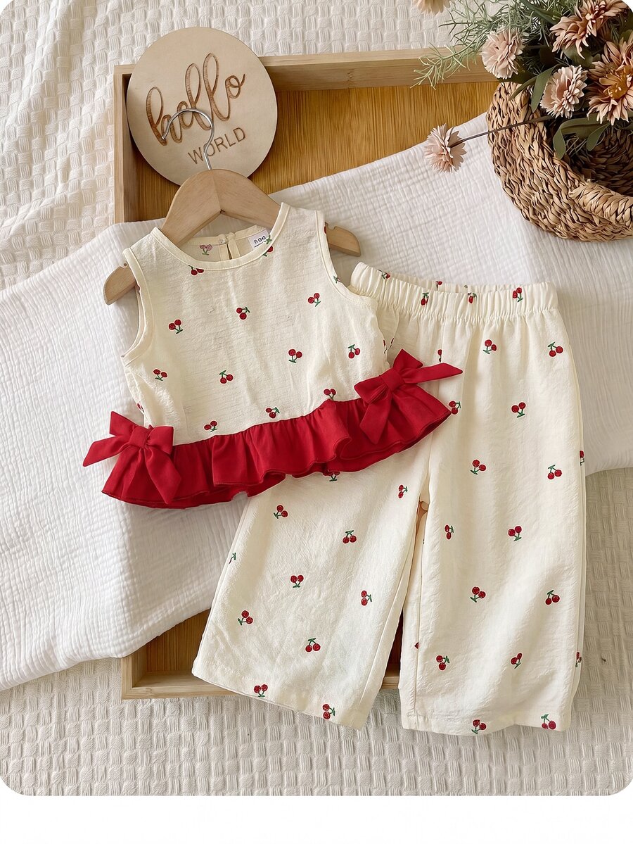 SHEIN LMoss Kids Babygirl Summer Cute Red & White Plaid Ruffle Sleeveless Top And Elastic Waist Loose Pants Set - White - View 1