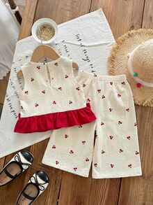 SHEIN LMoss Kids Babygirl Summer Cute Red & White Plaid Ruffle Sleeveless Top And Elastic Waist Loose Pants Set - White - View 2