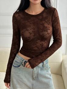 DAZY Jacquard Textured Semi-Sheer Slim Fit Long Sleeve Women's Pajama Top - Brown - View 1