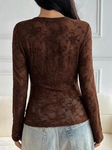 DAZY Jacquard Textured Semi-Sheer Slim Fit Long Sleeve Women's Pajama Top - Brown - View 2