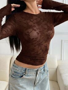 DAZY Jacquard Textured Semi-Sheer Slim Fit Long Sleeve Women's Pajama Top - Brown - View 6