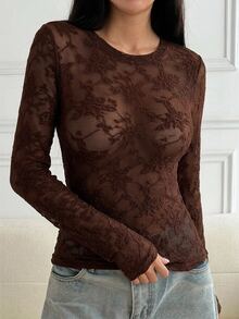 DAZY Jacquard Textured Semi-Sheer Slim Fit Long Sleeve Women's Pajama Top - Brown - View 7