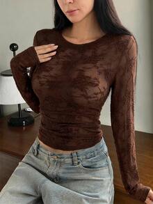 DAZY Jacquard Textured Semi-Sheer Slim Fit Long Sleeve Women's Pajama Top - Brown - View 3