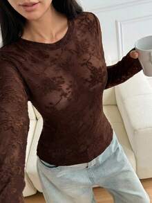 DAZY Jacquard Textured Semi-Sheer Slim Fit Long Sleeve Women's Pajama Top - Brown - View 4