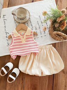 SHEIN LMoss Kids 女婴可爱夏季条纹 Polo 领背心和松紧腰荷叶边短裤套装 - 淺粉色 - 查看 4