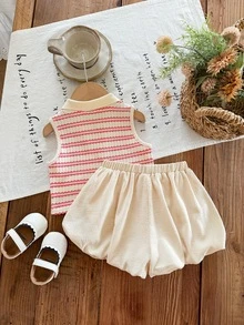 SHEIN LMoss Kids 女婴可爱夏季条纹 Polo 领背心和松紧腰荷叶边短裤套装 - 淺粉色 - 查看 2
