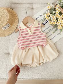 SHEIN LMoss Kids 女婴可爱夏季条纹 Polo 领背心和松紧腰荷叶边短裤套装 - 淺粉色 - 查看 1