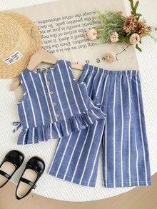 SHEIN LMoss Kids 2Pcs Baby Girl Woven Striped Crew Neck Top And Loose Casual Long Pants Set - Multicolor - View 4