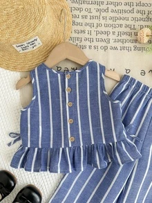 SHEIN LMoss Kids 2Pcs Baby Girl Woven Striped Crew Neck Top And Loose Casual Long Pants Set - Multicolor - View 5