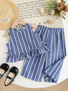 SHEIN LMoss Kids 2Pcs Baby Girl Woven Striped Crew Neck Top And Loose Casual Long Pants Set - Multicolor - View 6