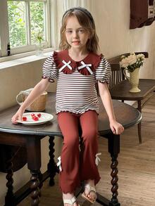 SHEIN LMoss Kids LMoss  2pcs/Set Young Girl Striped Knit Peter Pan Collar T-Shirt And Knit Flare Pants Outfit - Multicolor - View 6