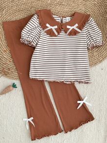 SHEIN LMoss Kids LMoss  2pcs/Set Young Girl Striped Knit Peter Pan Collar T-Shirt And Knit Flare Pants Outfit - Multicolor - View 3