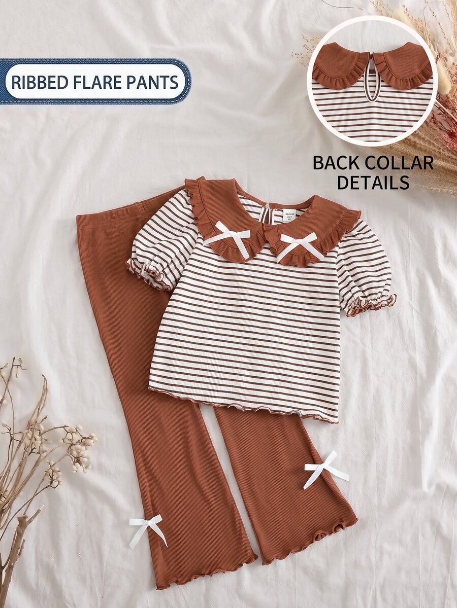 SHEIN LMoss Kids LMoss 2pcs/Set Young Girl Striped Knit Peter Pan Collar T-Shirt And Knit Flare Pants Outfit - Multicolor - View 1