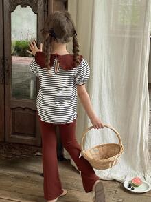 SHEIN LMoss Kids LMoss  2pcs/Set Young Girl Striped Knit Peter Pan Collar T-Shirt And Knit Flare Pants Outfit - Multicolor - View 4