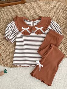 SHEIN LMoss Kids LMoss  2pcs/Set Young Girl Striped Knit Peter Pan Collar T-Shirt And Knit Flare Pants Outfit - Multicolor - View 2