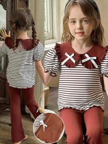 SHEIN LMoss Kids LMoss  2pcs/Set Young Girl Striped Knit Peter Pan Collar T-Shirt And Knit Flare Pants Outfit - Multicolor - View 5