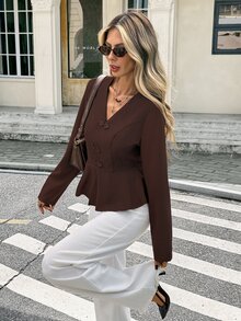 SHEIN Frenchy Women Elegant Frog Button Peplum Hem Coat, Coffee Brown V Neck Long Sleeve Fitted Jacket Outerwear,For Everyday Fall/Winter Outfits - Khaki - View 8