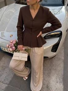 SHEIN Frenchy Women Elegant Frog Button Peplum Hem Coat, Coffee Brown V Neck Long Sleeve Fitted Jacket Outerwear,For Everyday Fall/Winter Outfits - Khaki - View 6