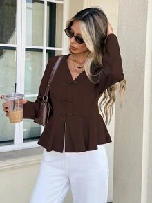 SHEIN Frenchy Women Elegant Frog Button Peplum Hem Coat, Coffee Brown V Neck Long Sleeve Fitted Jacket Outerwear,For Everyday Fall/Winter Outfits - Khaki - View 10