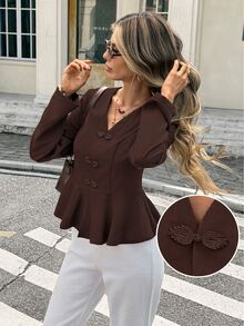 SHEIN Frenchy Women Elegant Frog Button Peplum Hem Coat, Coffee Brown V Neck Long Sleeve Fitted Jacket Outerwear,For Everyday Fall/Winter Outfits - Khaki - View 7