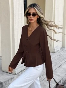SHEIN Frenchy Women Elegant Frog Button Peplum Hem Coat, Coffee Brown V Neck Long Sleeve Fitted Jacket Outerwear,For Everyday Fall/Winter Outfits - Khaki - View 11