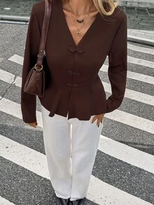 SHEIN Frenchy Women Elegant Frog Button Peplum Hem Coat, Coffee Brown V Neck Long Sleeve Fitted Jacket Outerwear,For Everyday Fall/Winter Outfits - Khaki - View 14
