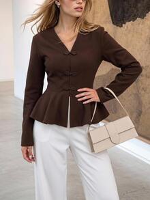 SHEIN Frenchy Women Elegant Frog Button Peplum Hem Coat, Coffee Brown V Neck Long Sleeve Fitted Jacket Outerwear,For Everyday Fall/Winter Outfits - Khaki - View 13
