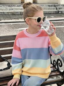 SHEIN Áo len chui đầu kẻ sọc nhiều màu cho bé gái tuổi teen, áo len mùa thu/đông, ấm áp và thoải mái, nhiều màu, phù hợp cho đi chơi, tiệc tùng, ngày lễ, đến trường và các dịp khác - Nhiều màu - Xem 6