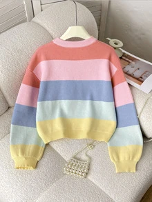 SHEIN Áo len chui đầu kẻ sọc nhiều màu cho bé gái tuổi teen, áo len mùa thu/đông, ấm áp và thoải mái, nhiều màu, phù hợp cho đi chơi, tiệc tùng, ngày lễ, đến trường và các dịp khác - Nhiều màu - Xem 2