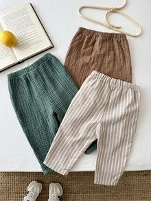 SHEIN LMoss Kids 3pcs Baby Boy Woven Solid And Striped Casual Pants Set - Multicolor - View 2