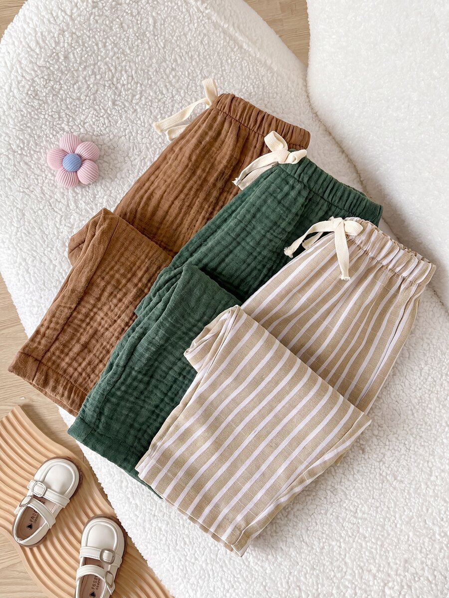 SHEIN LMoss Kids 3pcs Baby Boy Woven Solid And Striped Casual Pants Set - Multicolor - View 1