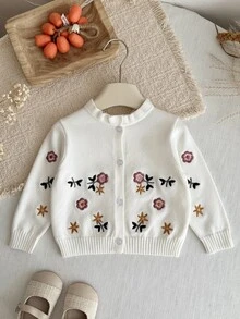 SHEIN LMoss Kids Baby Girl Knitted Embroidered Stand Collar Ruffle Trim Casual Autumn Cardigan - White - View 5