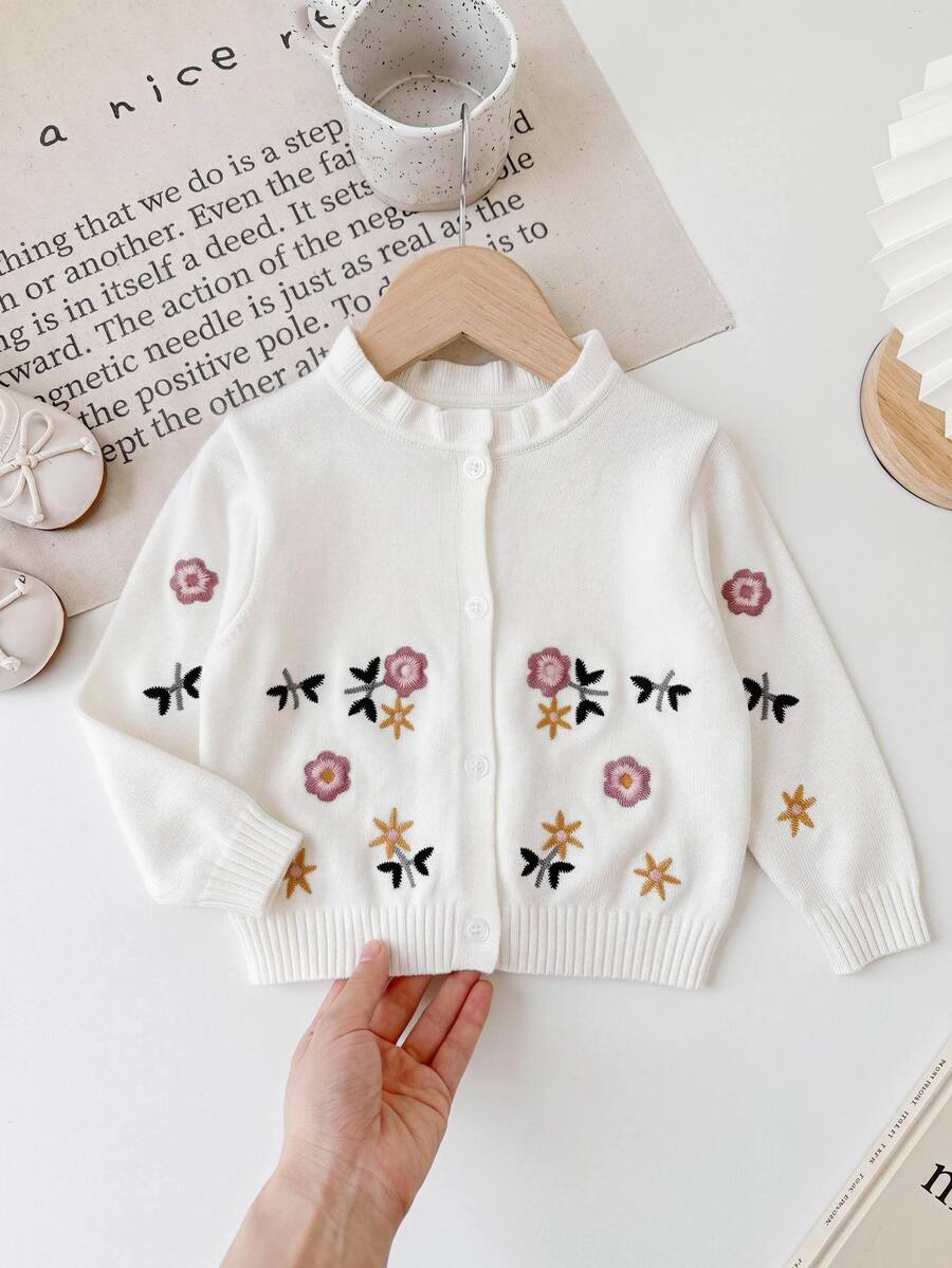 SHEIN LMoss Kids Baby Girl Knitted Embroidered Stand Collar Ruffle Trim Casual Autumn Cardigan - White - View 1