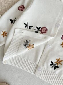 SHEIN LMoss Kids Baby Girl Knitted Embroidered Stand Collar Ruffle Trim Casual Autumn Cardigan - White - View 6
