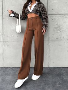 SHEIN Tall Solid Color Toothpick Striped Design Wide Leg Office Business Autumn Pants Coffee Brown Casual - Rust Brown - View 3