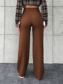SHEIN Tall Solid Color Toothpick Striped Design Wide Leg Office Business Autumn Pants Coffee Brown Casual - Rust Brown - View 2